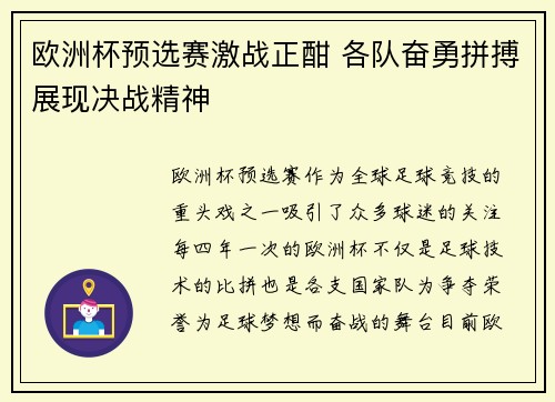 欧洲杯预选赛激战正酣 各队奋勇拼搏展现决战精神