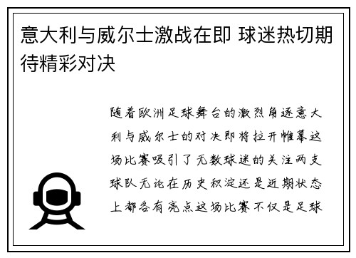 意大利与威尔士激战在即 球迷热切期待精彩对决