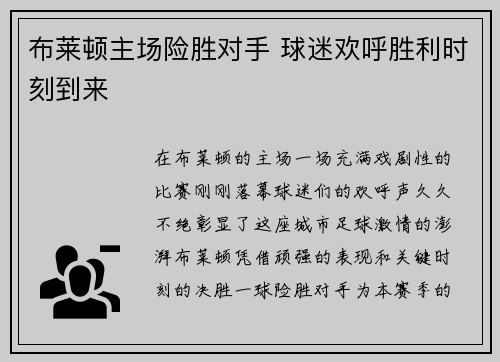 布莱顿主场险胜对手 球迷欢呼胜利时刻到来