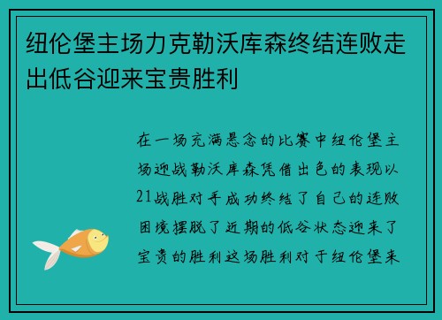 纽伦堡主场力克勒沃库森终结连败走出低谷迎来宝贵胜利