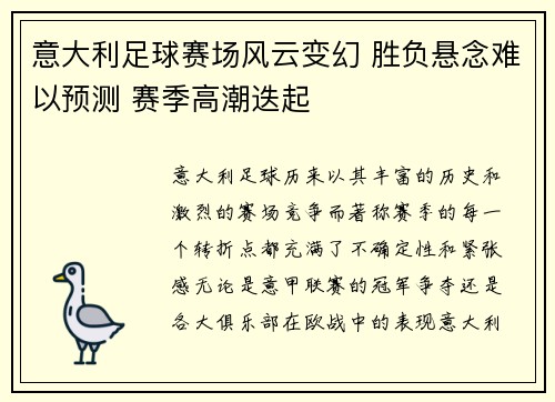 意大利足球赛场风云变幻 胜负悬念难以预测 赛季高潮迭起